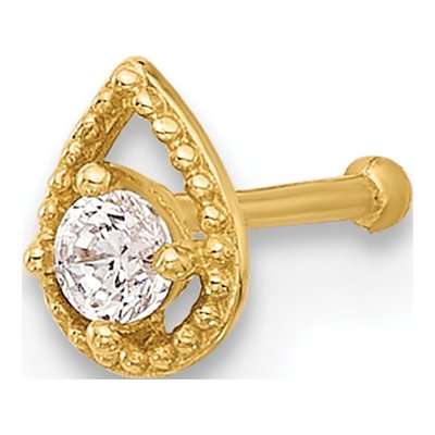 14K Yellow Gold CZ Teardrop Nose Stud, 20G