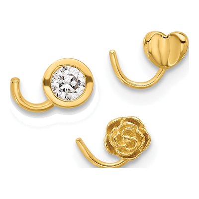 14K Gold CZ Bezel/Flower/Heart Nose Ring Set – view 3