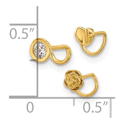 14K Gold CZ Bezel/Flower/Heart Nose Ring Set – view 4