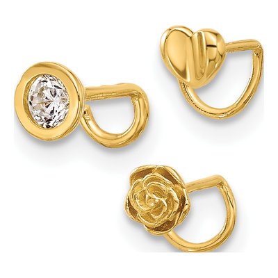 14K Gold CZ Bezel/Flower/Heart Nose Ring Set