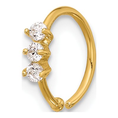 14K Yellow Gold 3-Stone CZ Nose Ring, 20 Gauge