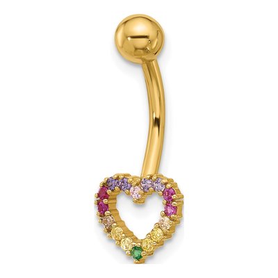 14K Yellow Gold Rainbow CZ Heart Belly Ring