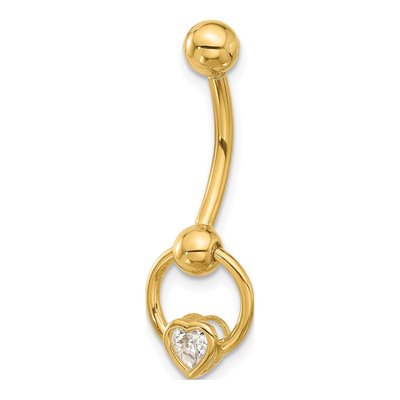 14K Yellow Gold CZ Heart Navel Ring