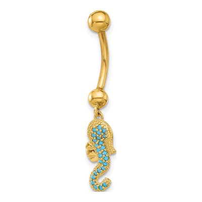 14K Yellow Gold Seahorse CZ Belly Ring, 14 Gauge