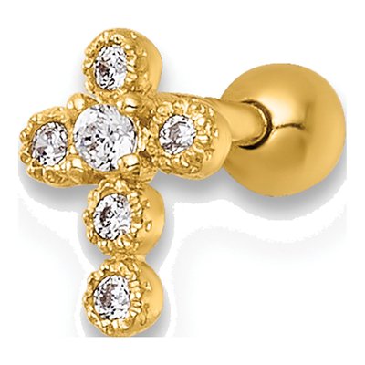 14K Yellow Gold CZ Cross Labret Stud, 18G