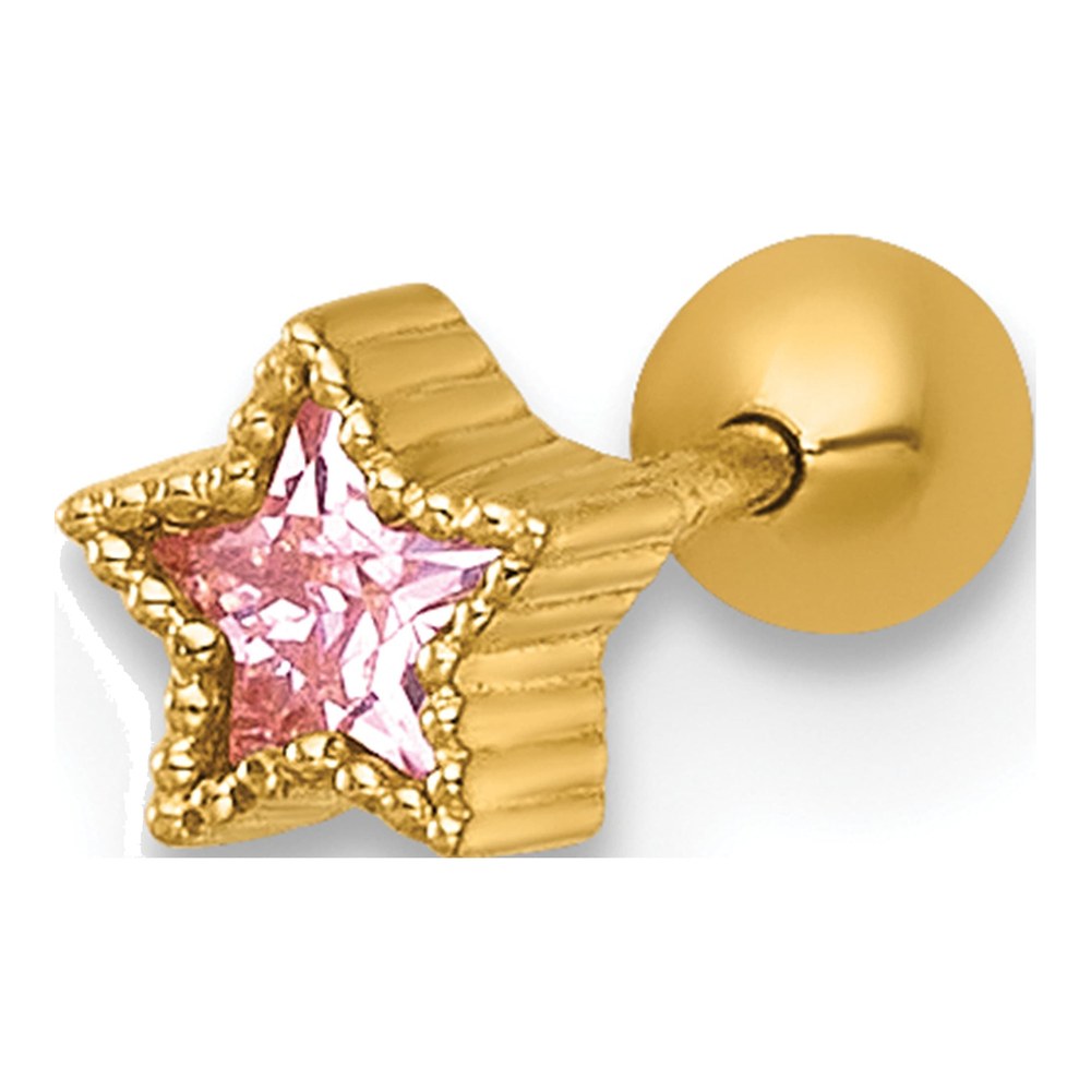 14K 22 Gauge Polished And Beaded Pink Cz Star Labret Stud
