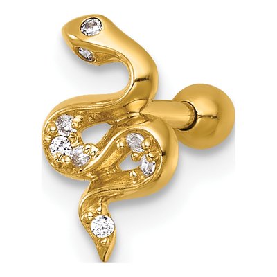 14K Yellow Gold CZ Snake Labret Stud, 16 Gauge