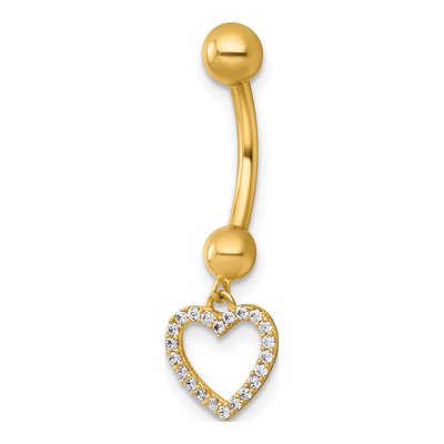 14K Yellow Gold CZ Dangling Heart Navel Ring