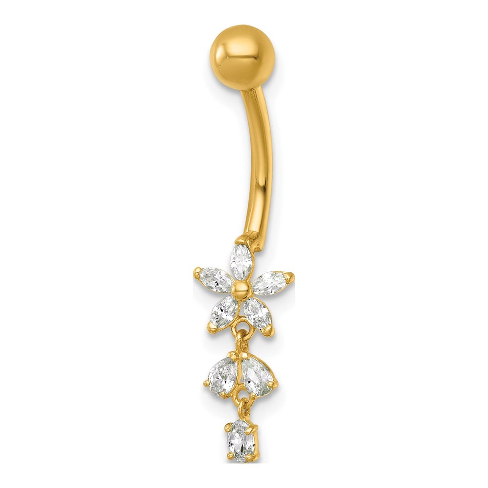 14K 14 Gauge Polished Cz Dangling Flower Navel Ring