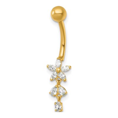 14K Yellow Gold CZ Dangling Flower Navel Ring