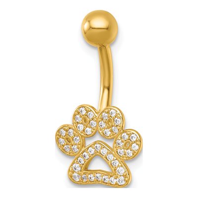 14K Yellow Gold CZ Pawprint Navel Ring