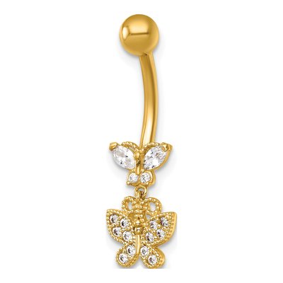 14K Yellow Gold CZ Butterfly Dangle Navel Ring