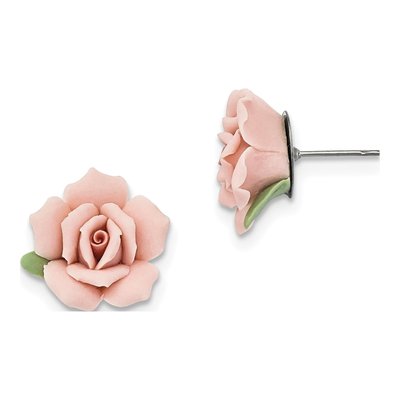 Stainless Steel Pink Porcelain Stud Earrings