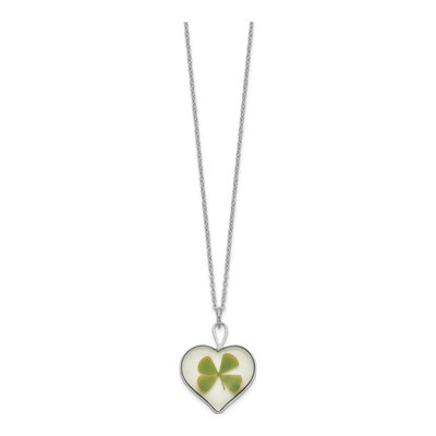 Real Four Leaf Clover Heart Necklace, 20 in Silver-Plated – view 2