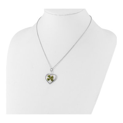 Real Four Leaf Clover Heart Necklace, 20 in Silver-Plated – view 4