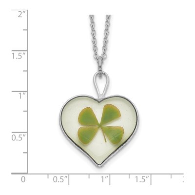 Real Four Leaf Clover Heart Necklace, 20 in Silver-Plated – view 6