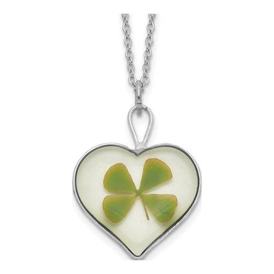 Real Four Leaf Clover Heart Necklace, 20 in Silver-Plated