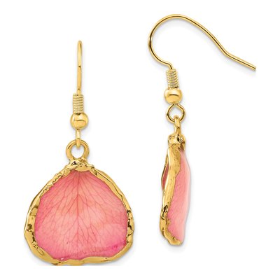 Real Rose Petal Gold-tone Dangle Earrings
