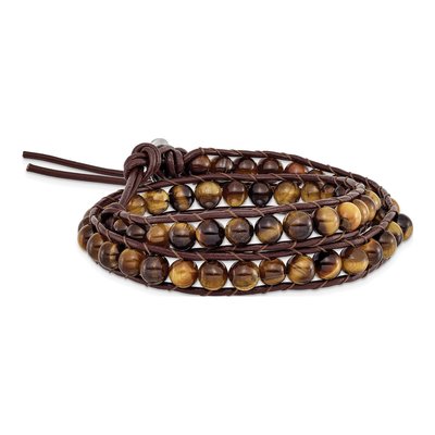 Stainless Steel Brown Leather Cord Multi Wrap Bracelet