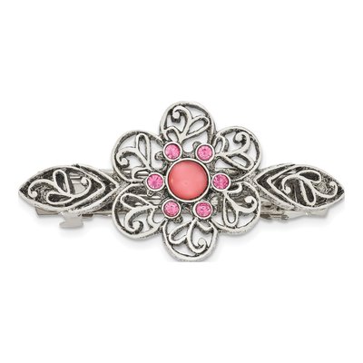 1928 Silver-Tone Pink Crystal Filigree Barrette