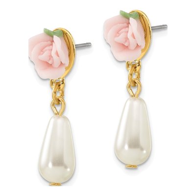 1928 Gold-tone Porcelain Simulated Rose Pearl Dangle Earrings – view 2