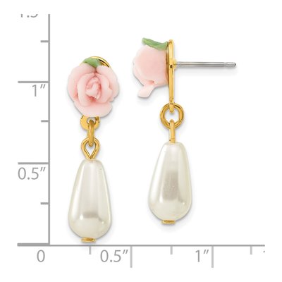 1928 Gold-tone Porcelain Simulated Rose Pearl Dangle Earrings – view 3