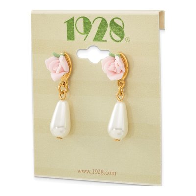 1928 Gold-tone Porcelain Simulated Rose Pearl Dangle Earrings – view 4