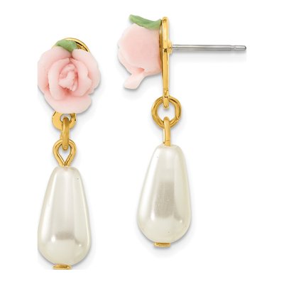 1928 Gold-tone Porcelain Simulated Rose Pearl Dangle Earrings