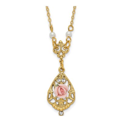 1928 Jewelry Gold-tone Rose & Simulated Pearl Teardrop Necklace