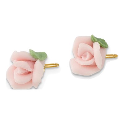 1928 Jewelry Gold-tone Pink Porcelain Rose Earrings – view 2