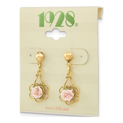 1928 Jewelry Gold-tone Pink Rose Filigree Earrings – view 4