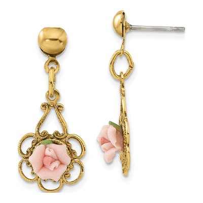 1928 Jewelry Gold-tone Pink Rose Filigree Earrings