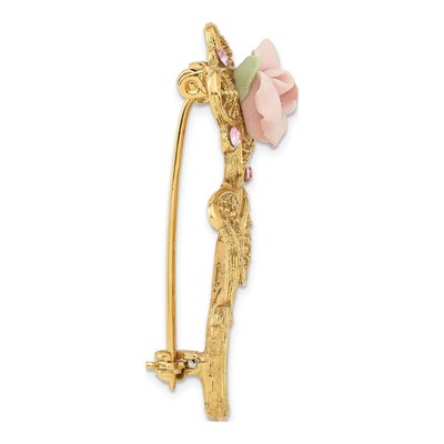 1928 Gold-tone Pink Rose Crystal Flower Pin Brooch – view 2