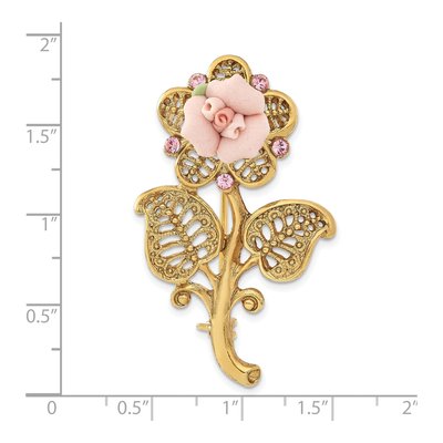 1928 Gold-tone Pink Rose Crystal Flower Pin Brooch – view 3