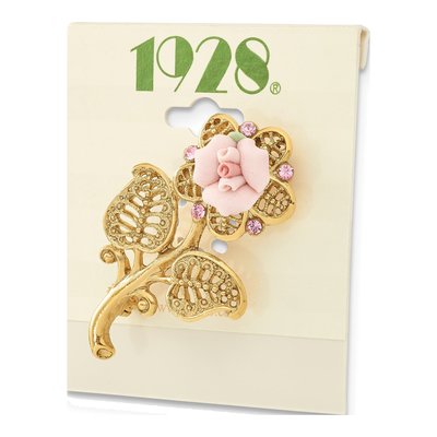 1928 Gold-tone Pink Rose Crystal Flower Pin Brooch – view 5