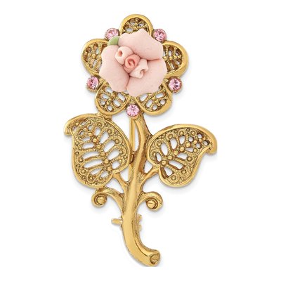 1928 Gold-tone Pink Rose Crystal Flower Pin Brooch