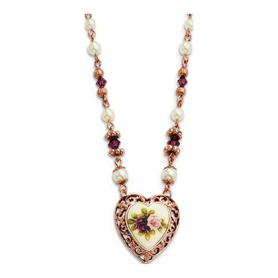 1928 Jewelry Rose-tone Heart Filigree Necklace