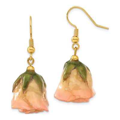 Real Rose Dangle Earrings, Cream & Pink Lacquer Finish