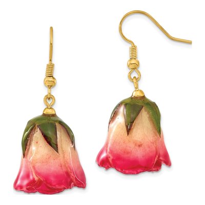 Real Rosebud Gold-tone Dangle Earrings, Pair