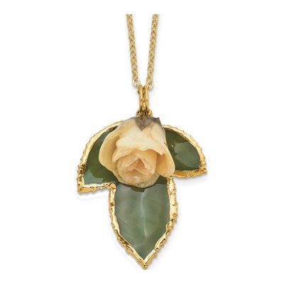 Real White Rose & Leaf 20" Gold-Tone Necklace
