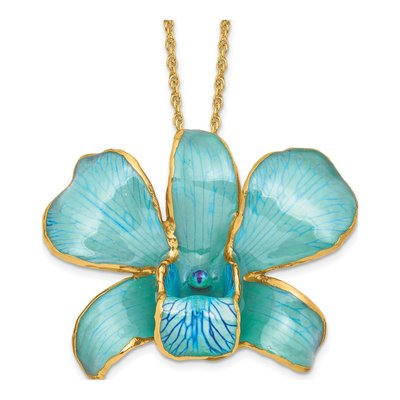 Real Blue Orchid Necklace, 24K Gold-trim