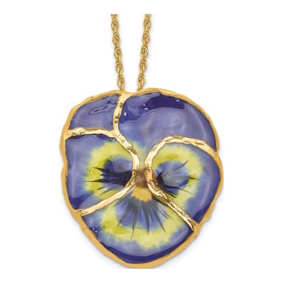 Real Blue Pansy Pendant Necklace, 24K Gold-trim, 20 in