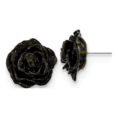 Lacquer-Dipped Black Real Rose Silver-tone Earrings