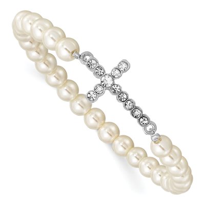 1928 Silver-tone Simulated Pearl & Crystal Cross Stretch Bracelet