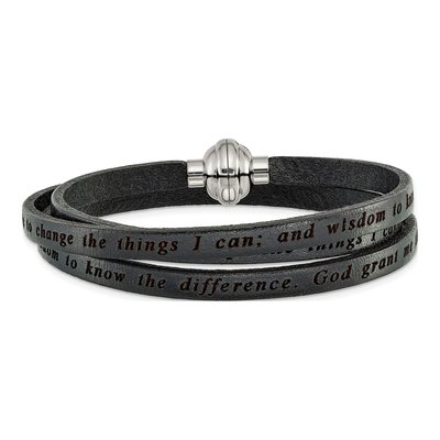 Stainless Steel AMEN Serenity Prayer Leather Wrap Bracelet