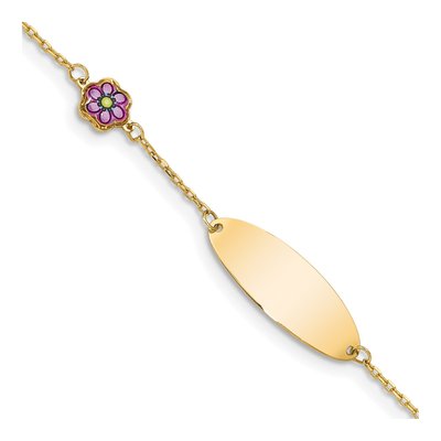 14K Yellow Gold Purple Enamel Flower ID Bracelet