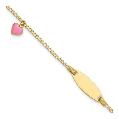 14K Yellow Gold Pink Enamel Heart for Girls ID Bracelet