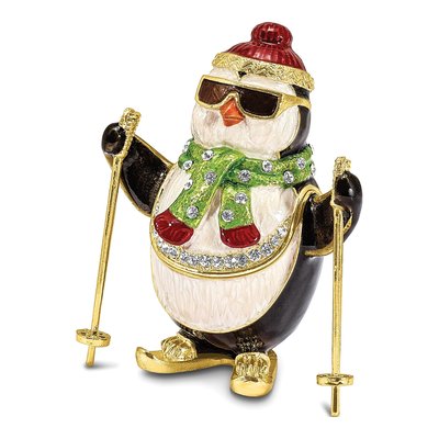 Bejeweled Skiing Penguin Trinket Box & Necklace