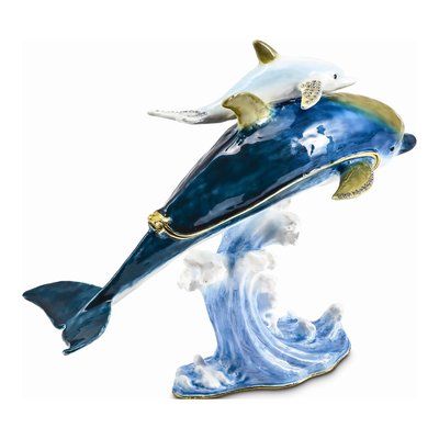 Luxury Giftware Pewter Bejeweled Crystals Gold-Tone Enameled Donovan And Donny Dolphins Trinket Box With Matching 18 Inch Necklace – view 3