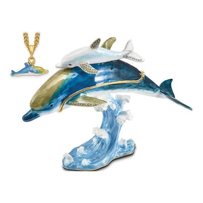 Luxury Giftware Pewter Bejeweled Crystals Gold-Tone Enameled Donovan And Donny Dolphins Trinket Box With Matching 18 Inch Necklace – view 5